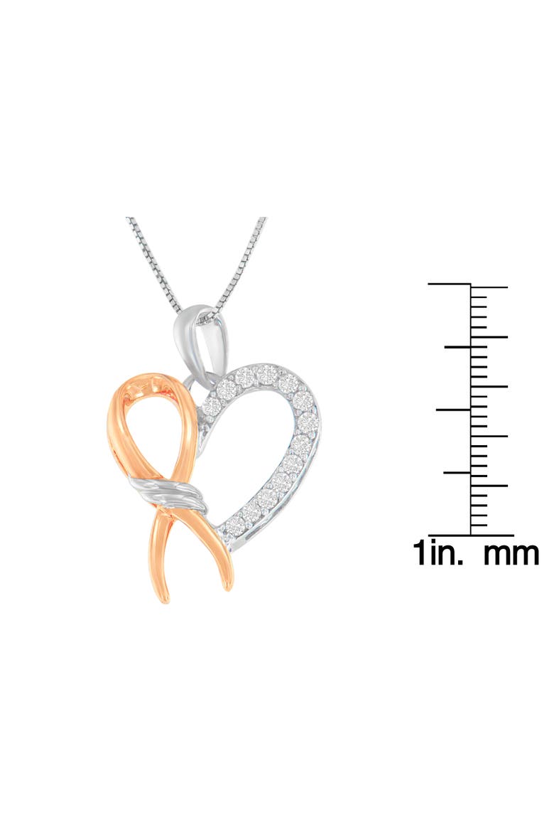 Two-Toned Silver 1/5 cttw Round Cut Diamond Ribbon Heart Accent Pendant Necklace, Alternate, color, White