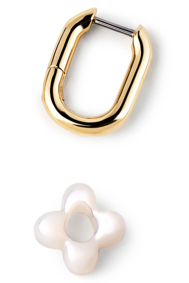 Cassia Puffy Flower Mother-of-Pearl Hoop Drop Earrings, Alternate, color, GOLD / WHITE