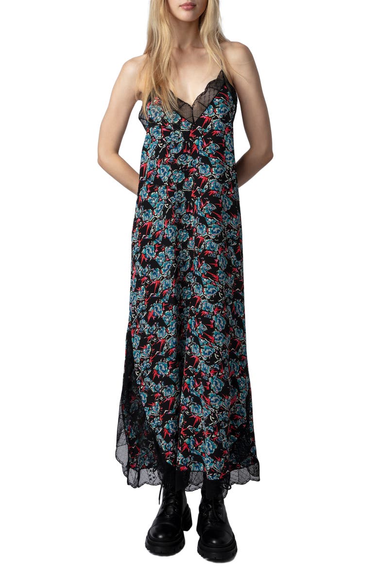 Ristyl Thunder Lace Trim Crêpe de Chine Slipdress, Main, color, NOIR