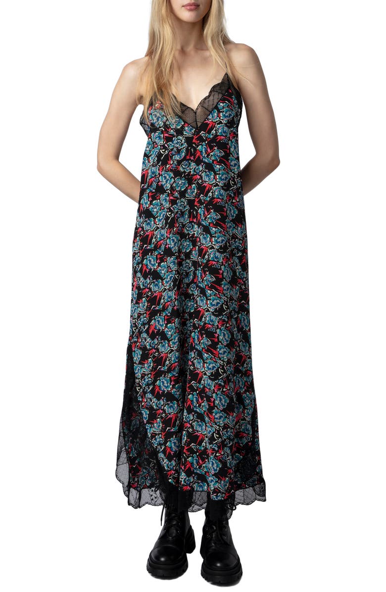 Zadig & Voltaire Ristyl Thunder Lace Trim Crêpe de Chine Slipdress, Main, color, 