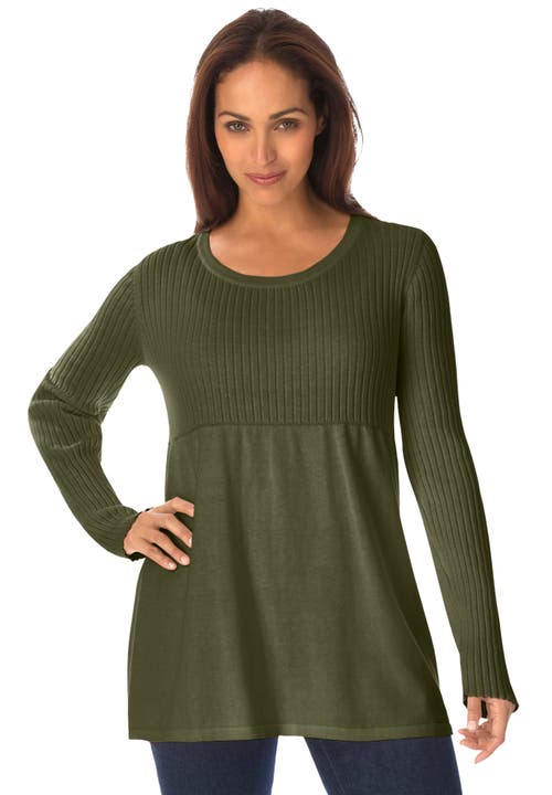 Jessica London Ribbed Baby Doll Tunic Sweater In Green