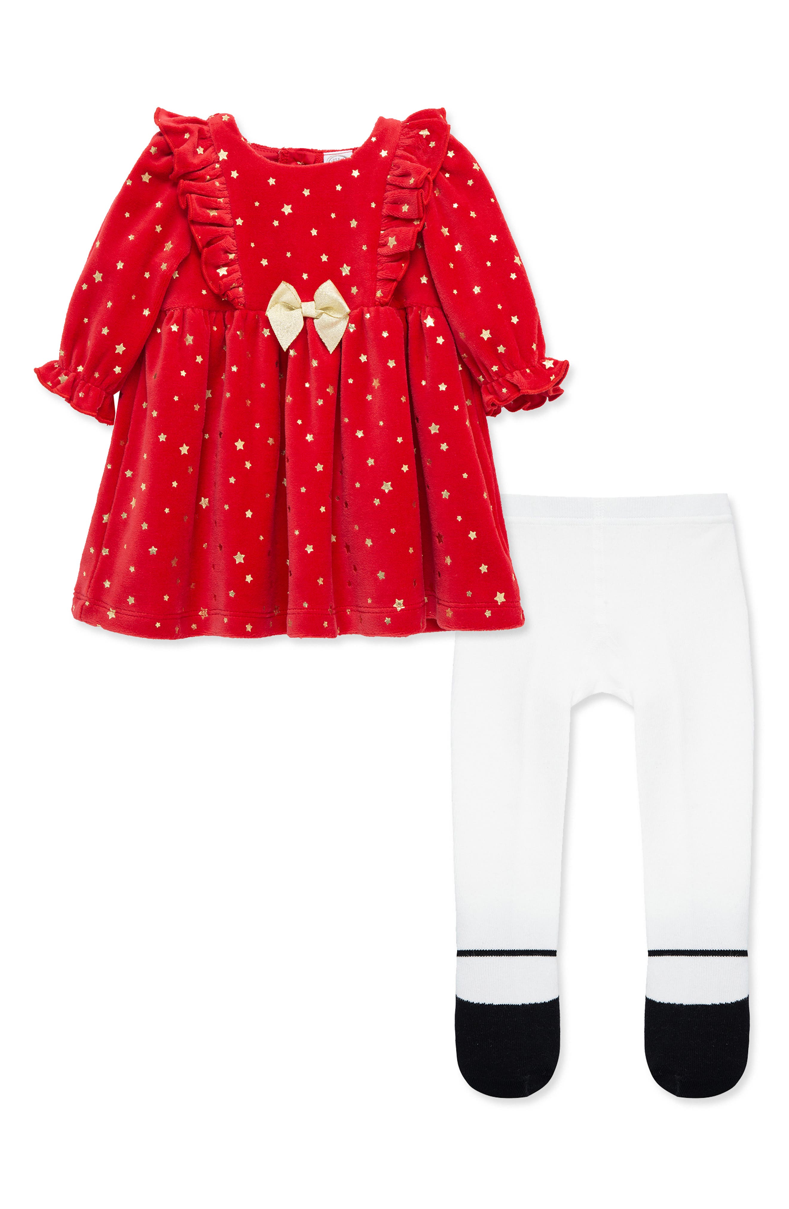 Little Me Foil Stars Long Sleeve Cotton Blend Dress & Tights Set in Red 