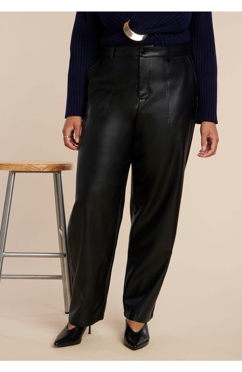 ELOQUII Faux Leather Pintuck Straight Leg Pant, Alternate, color, Black Onyx