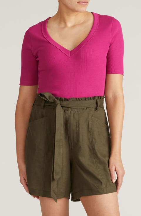 V-Neck Elbow Sleeve Cotton T-Shirt (Plus)