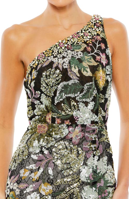 Mac Duggal Floral Sequin-embroidered One-shoulder Gown In Black Multi