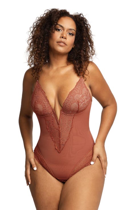 Plus Size Shapewear Lace Deep V-Neck Sculpting Thong Bodysuit