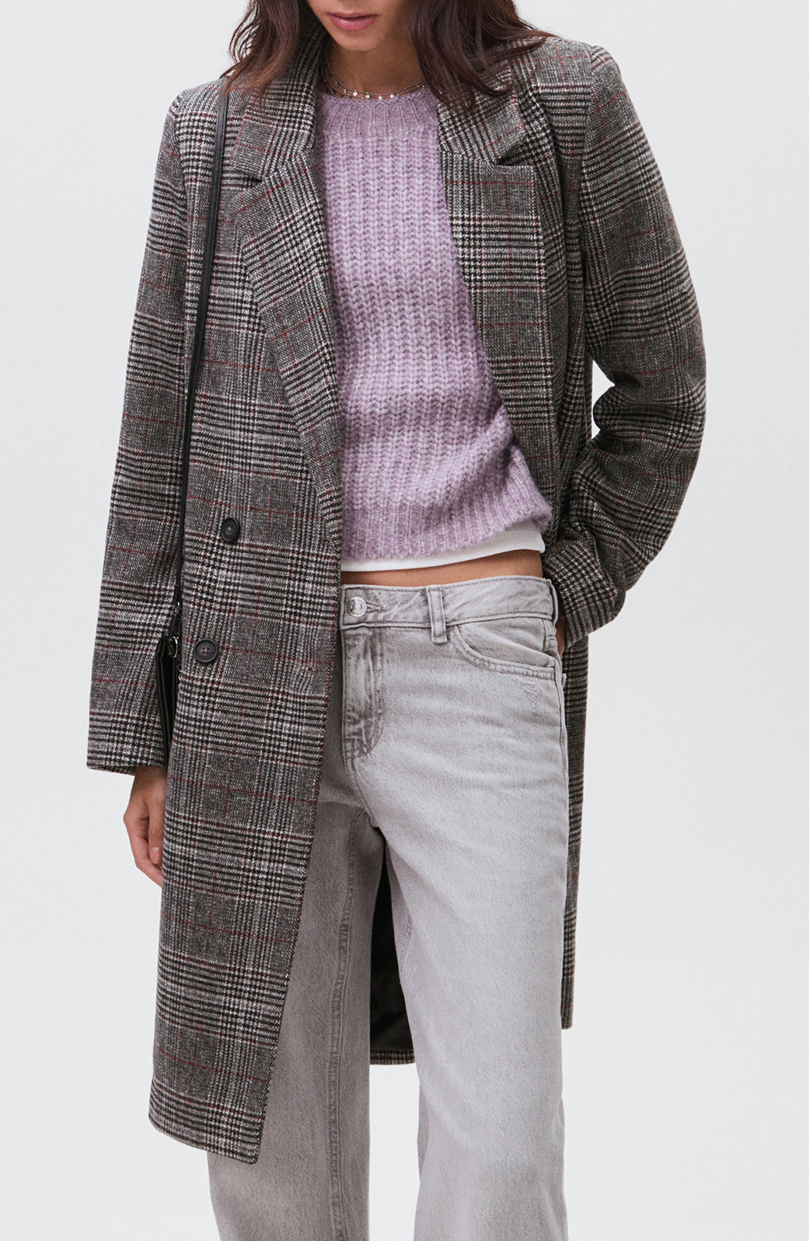 Check Longline Tweed Coat