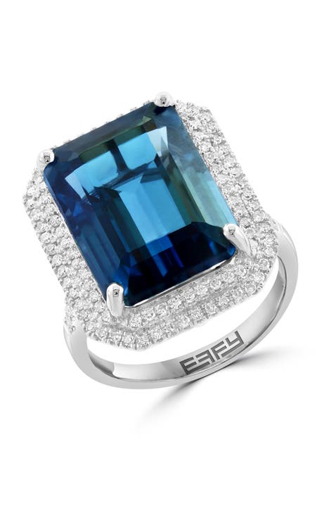 14K White Gold London Blue Topaz Diamond Double Halo Statement Ring