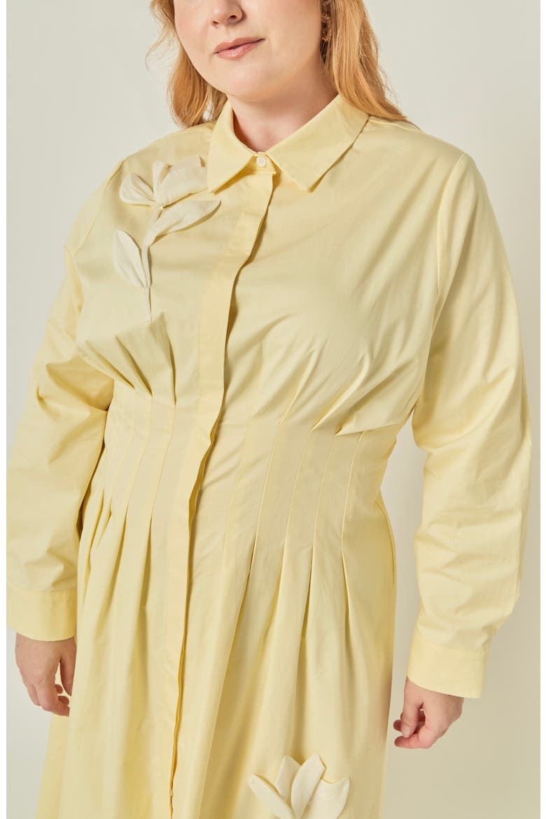 Appliquéd Pleated Cotton Shirtdress, Alternate, color, BUTTER YELLOW
