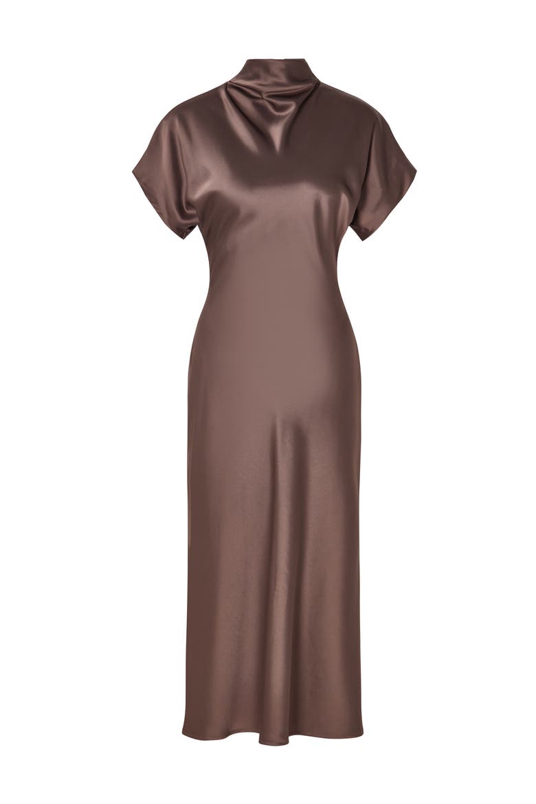 Alivia Short Sleeve Satin Midi Dress, Alternate, color, Chocolate