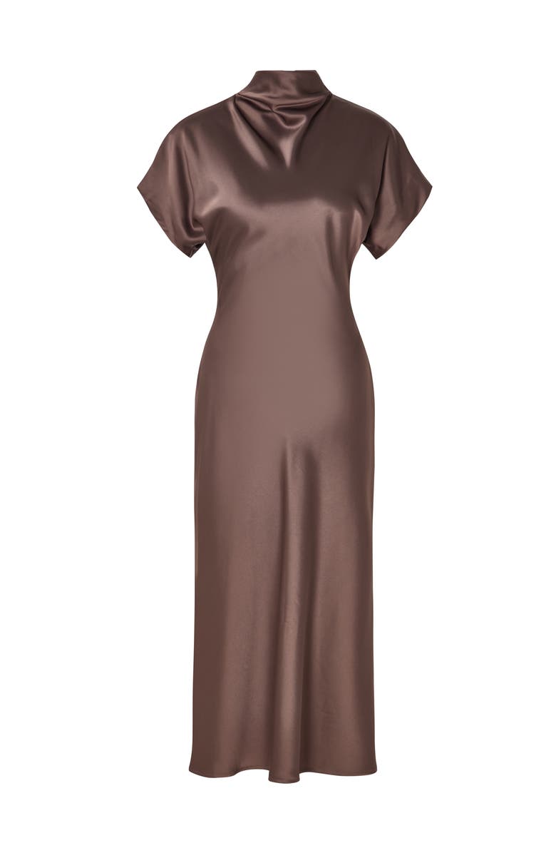 Malina Alivia Short Sleeve Satin Midi Dress, Alternate, color, Chocolate