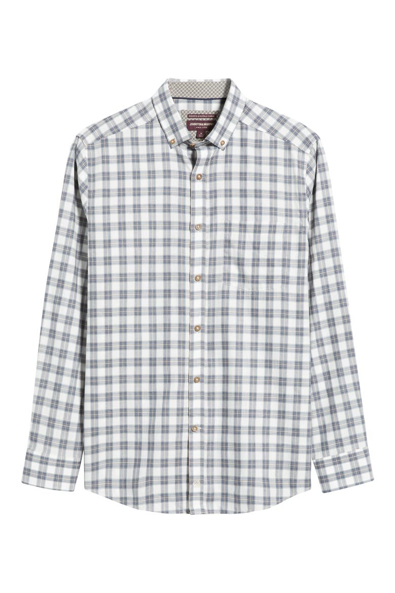 Plaid Heathered Cotton Button-Up Shirt, Alternate, color, NAVY/ TAN SHADOW GRID