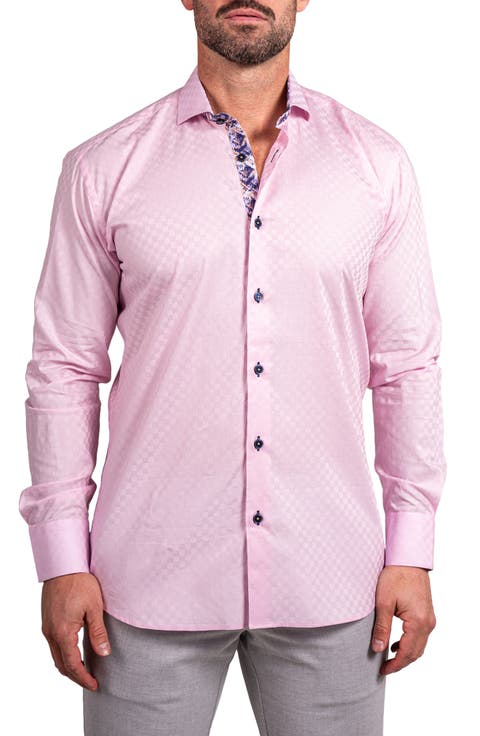 Einstein Ascension0089 Pink Tonal Checkerboard Cotton Button-Up Shirt