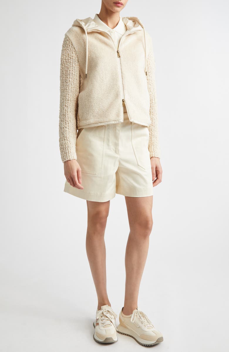 Moncler Hooded Mixed Media Cardigan, Alternate, color, Ivory/ White