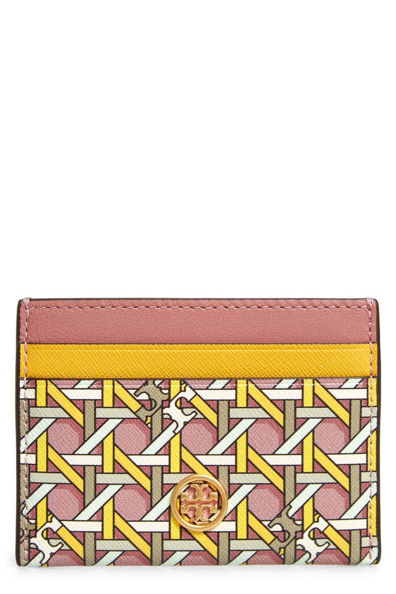 Robinson Rattan Print Leather Card Case, Main, color, ROSEHIP BASKETWEAVE