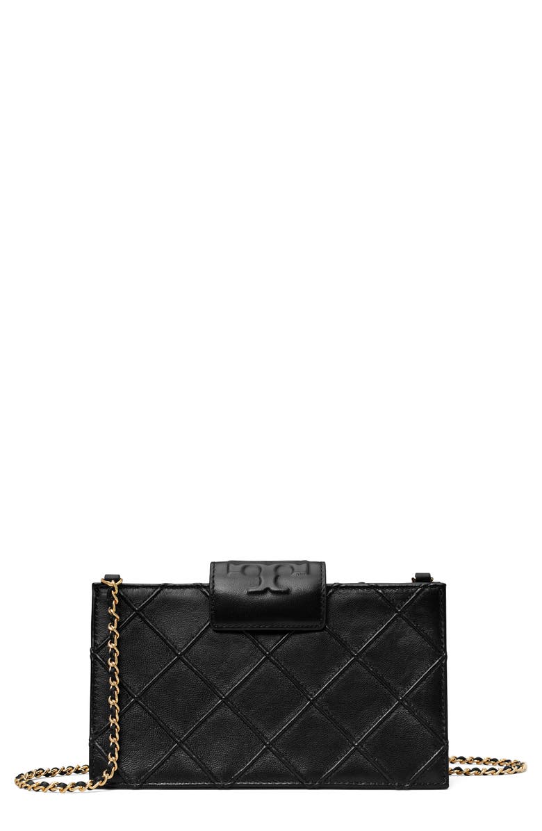 Tory Burch Mini Fleming Soft Quilted Leather Wallet on a Chain, Main, color, Black