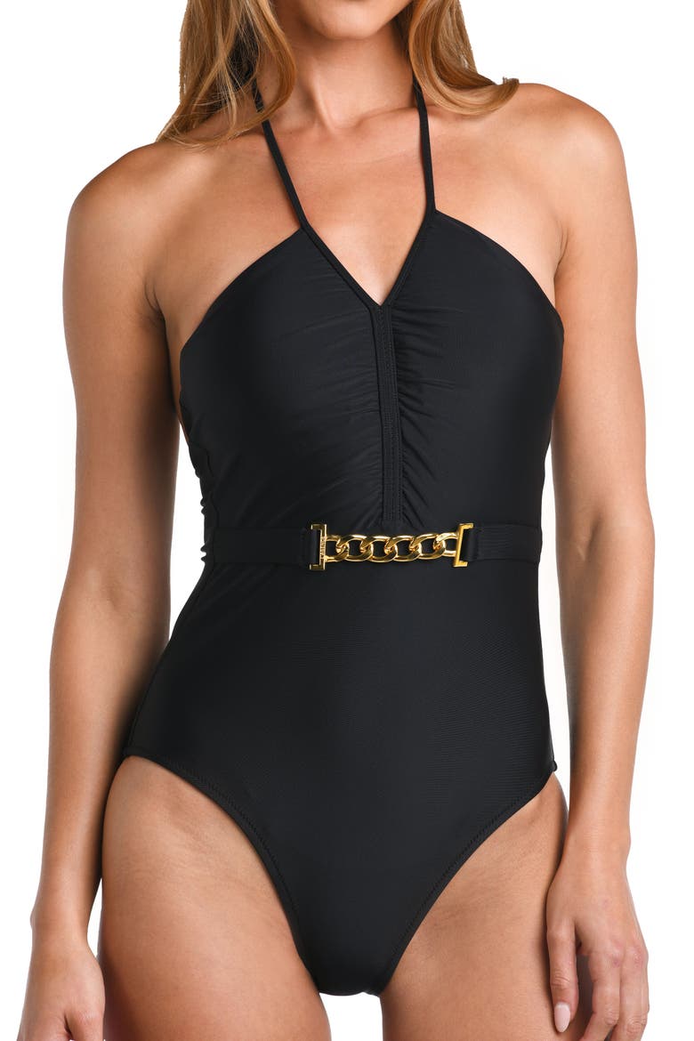 Leila Halter One-Piece Swimsuit, Alternate, color, BLACK