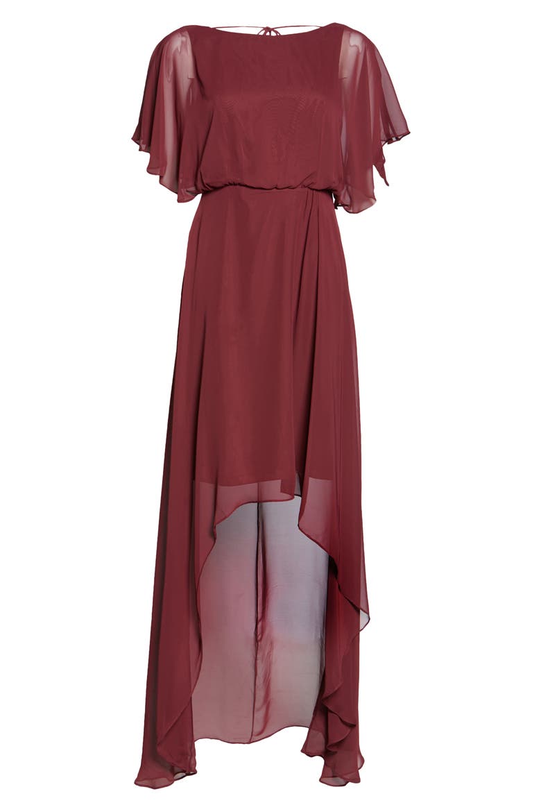 Flutter Sleeve High/Low Chiffon Gown, Alternate, color, CABERNET