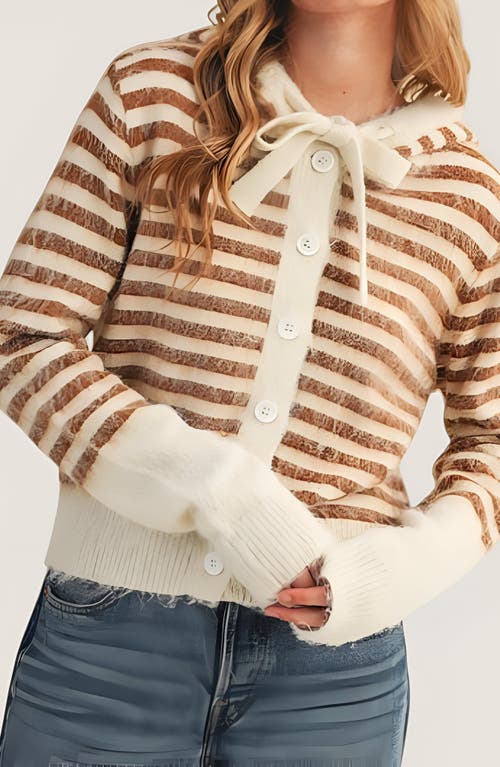 Modenaire Striped Button-up Cardigan Hoodie With Ribbon Tie And Ribbed Hem In Multi