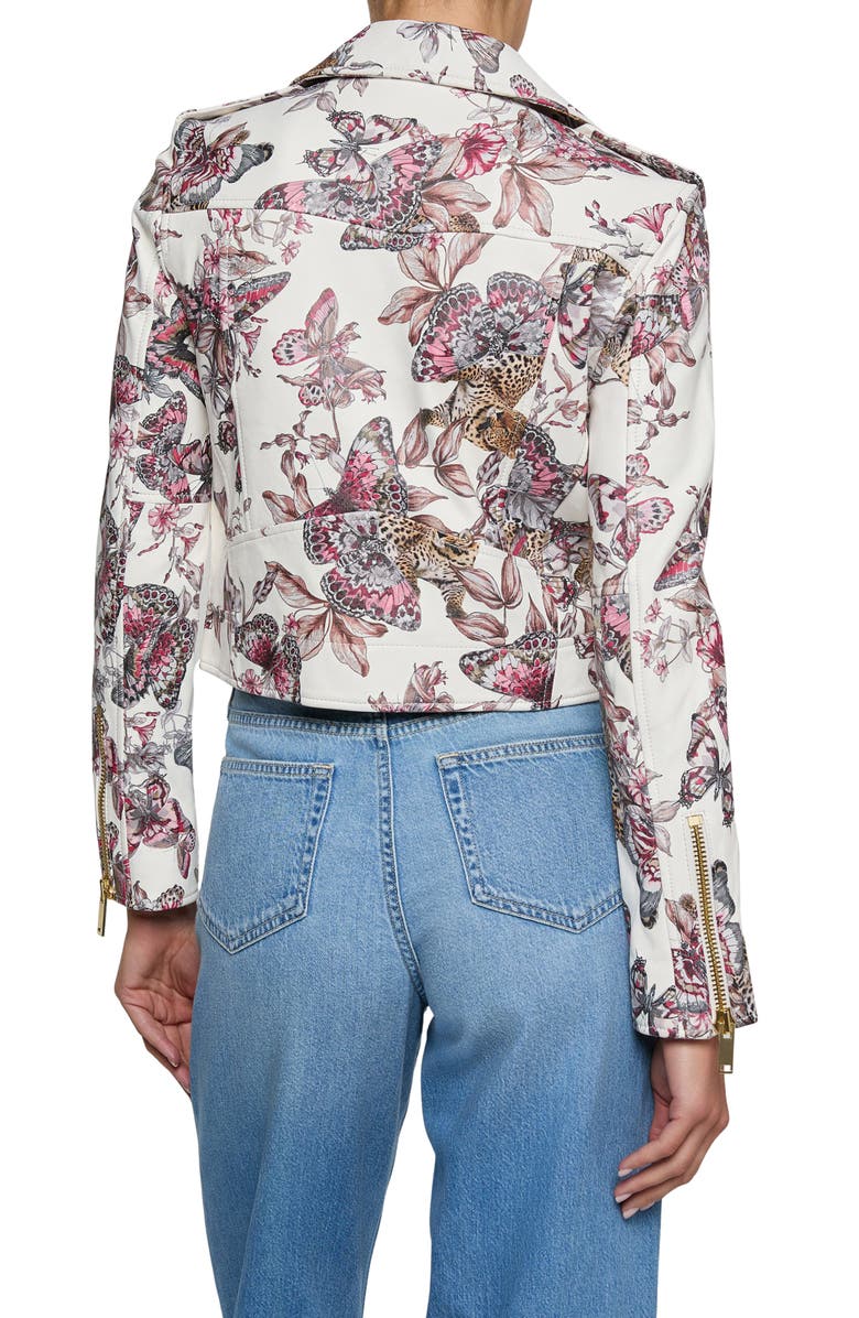 L'AGENCE Blakely Butterfly Leopard Print Crop Leather Biker Jacket, Alternate, color, White Multi Butterfly