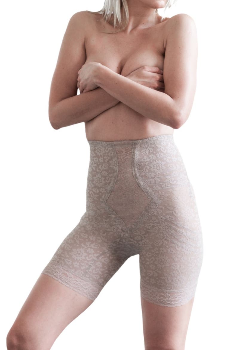 Extra Firm No Roll High Waist Lace Thigh Slimmer, Alternate, color, Mocha