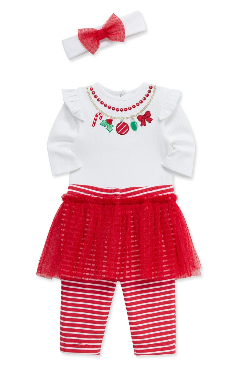 Little Me Kids' Bodysuit, Skirted Leggings & Headband Set, Alternate, color, White Multi