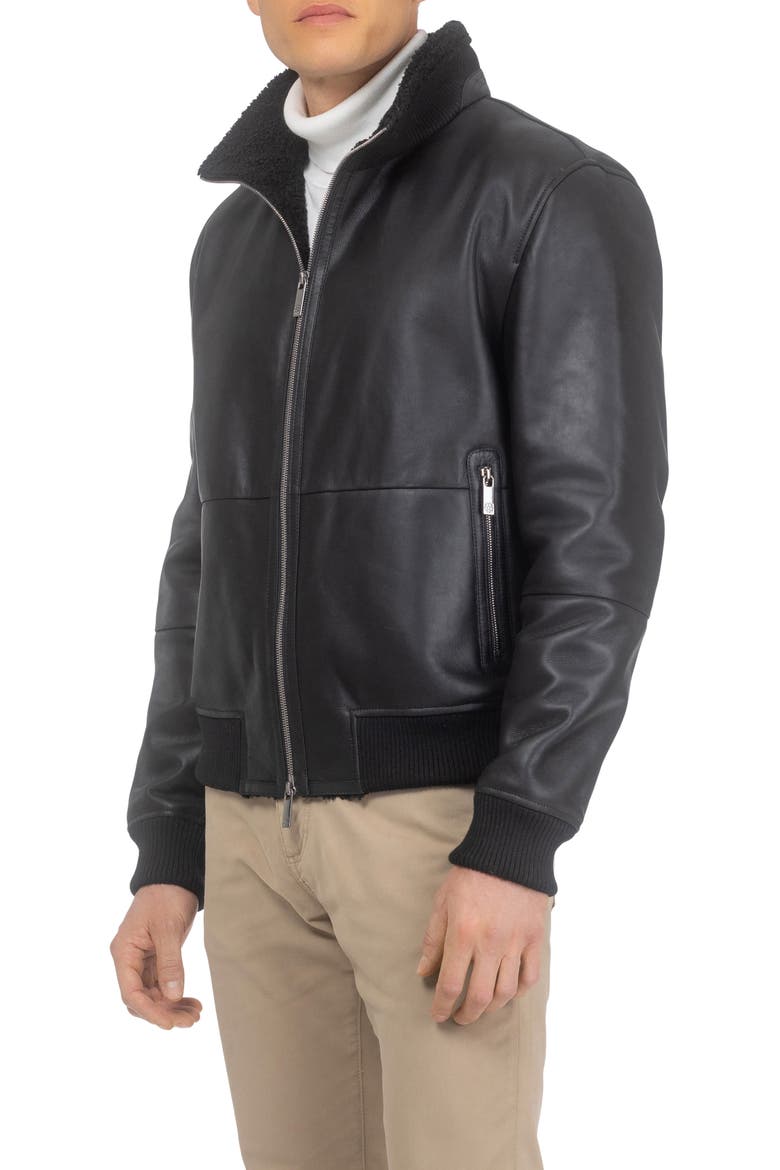 Men's Genuine Shearling Lamb Bomber Jacket, Main, color, Black