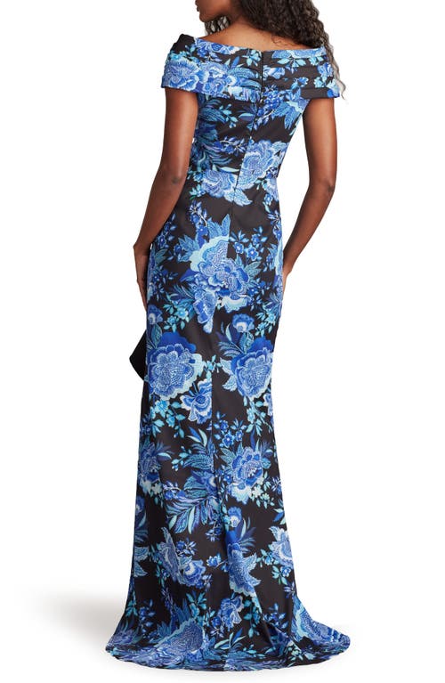 Tadashi Shoji Floral Print Ruffle Off The Shoulder Gown In Black/blue Floral