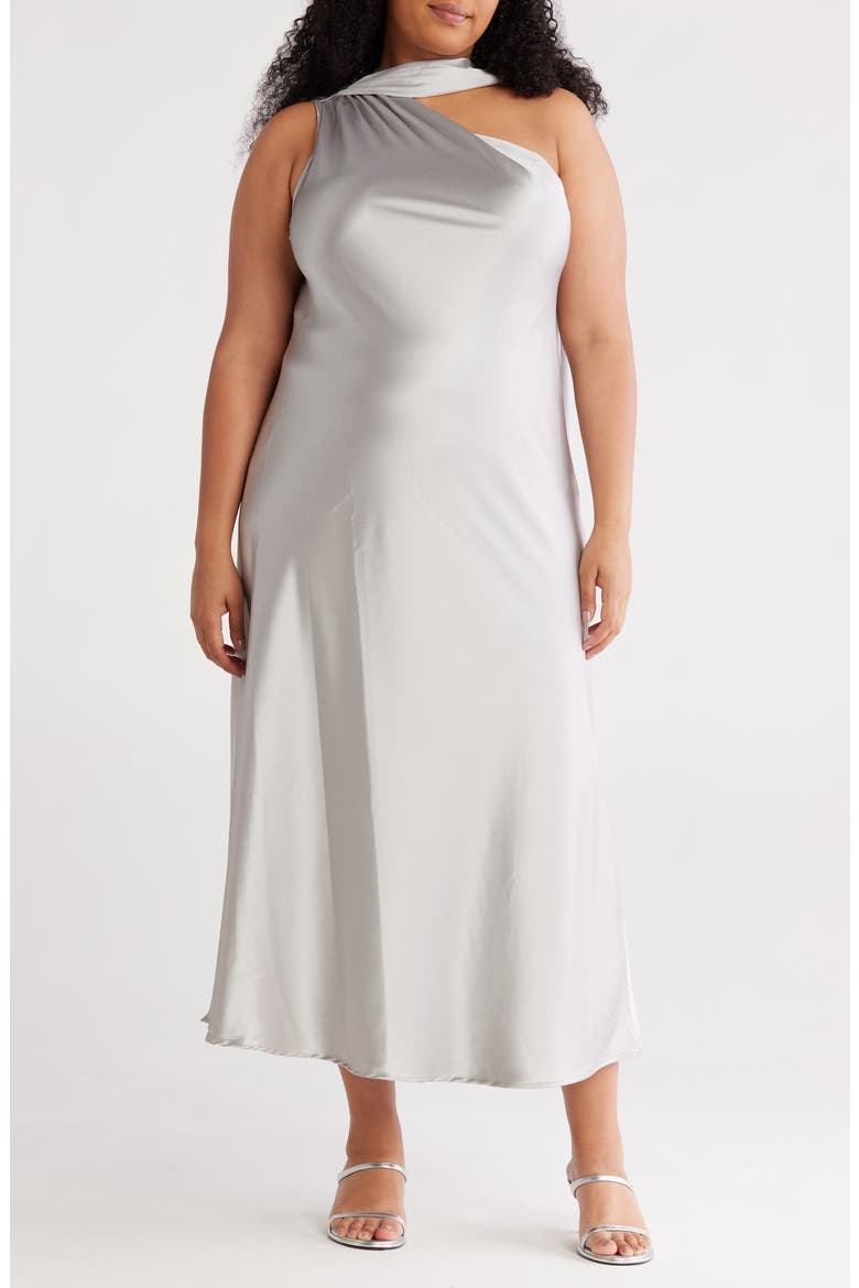 Scarf Neck One-Shoulder Maxi Dress, Main, color, SILVER