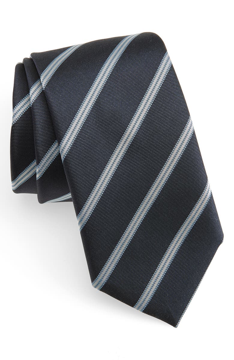 BOSS Stripe Silk Blend Tie, Main, color, Dark Navy