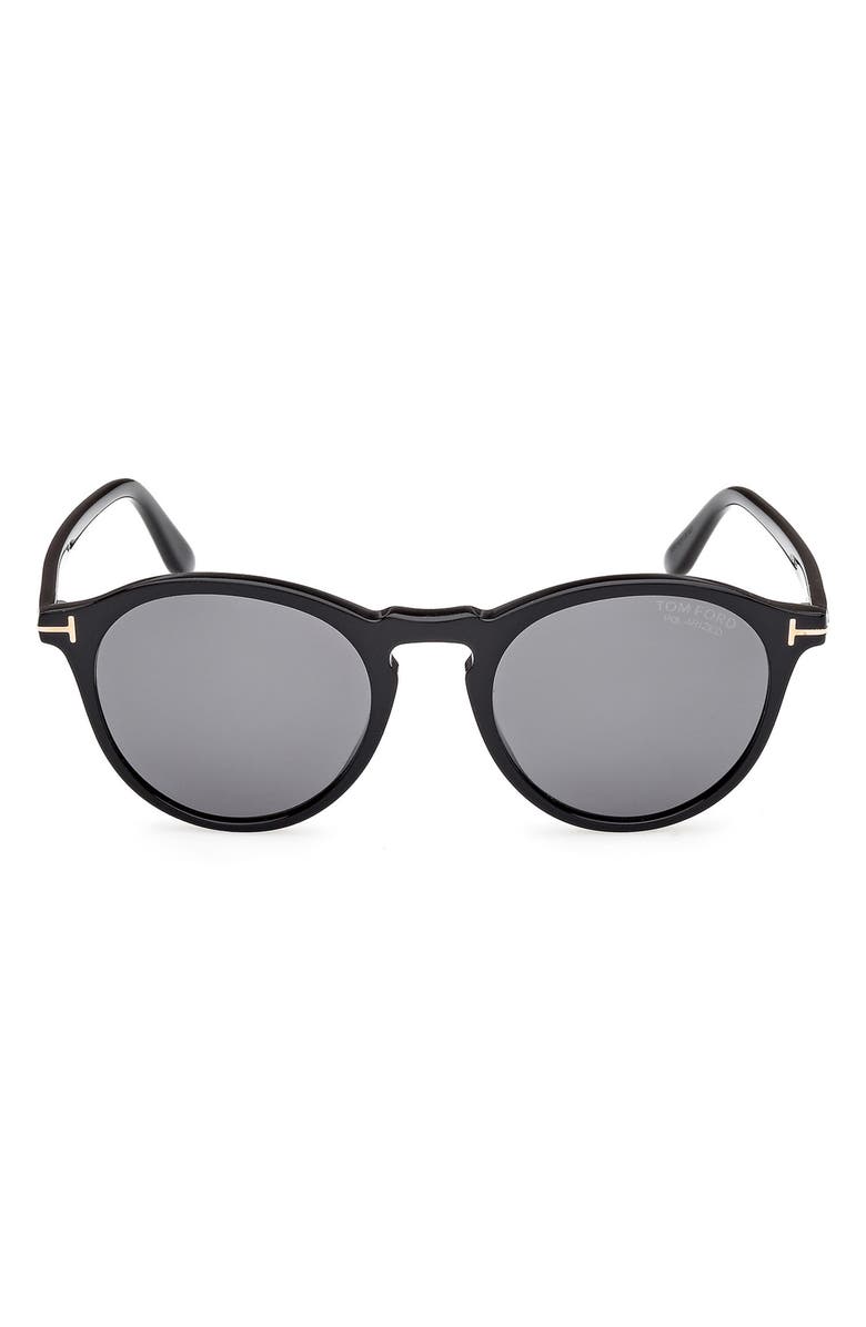 TOM FORD 52mm Polarized Round Sunglasses, Main, color, Shiny Black / Smoke Polarized