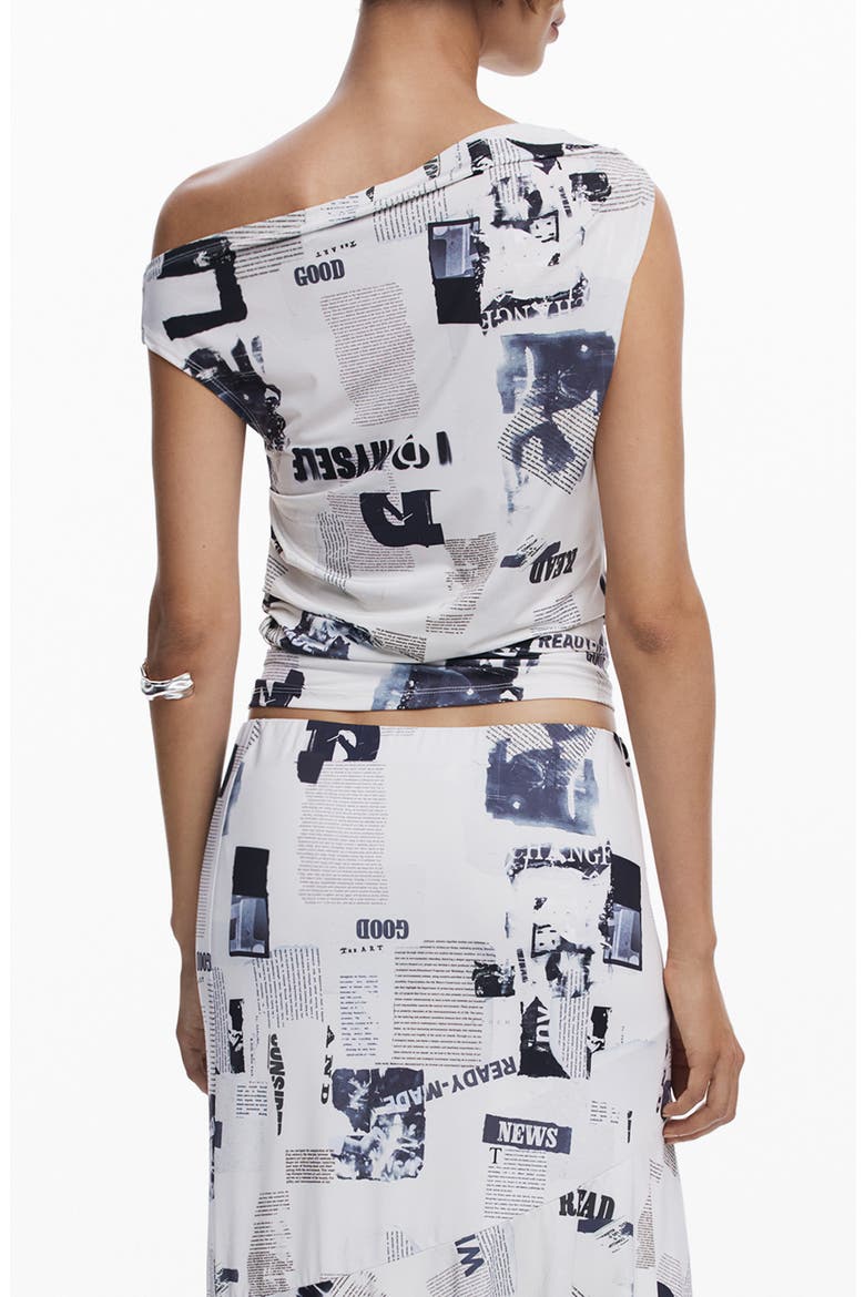 Newspaper Print One-Shoulder Top, Alternate, color, WHITE