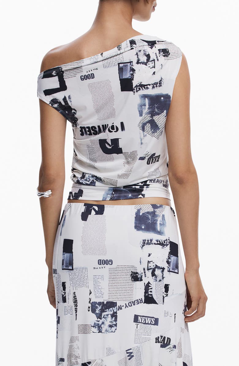 Desigual Newspaper Print One-Shoulder Top, Alternate, color, White