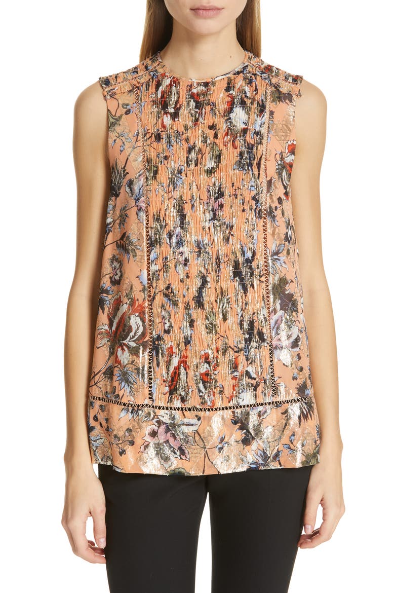 Lottie Metallic Detail Sleeveless Silk Blend Blouse, Main, color, PORCELAIN FLOWERS DUSTY CORAL