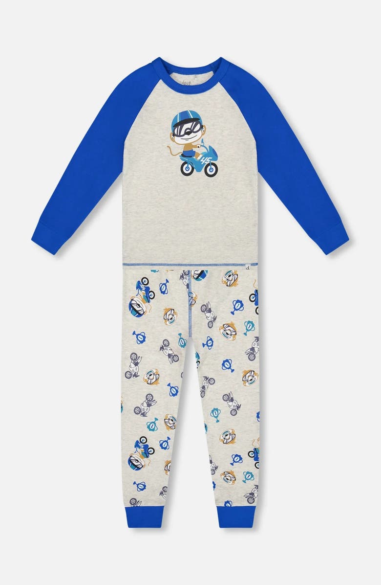 Deux par Deux Two-Piece Organic Cotton Pajama Set Monkey, Main, color, Blue