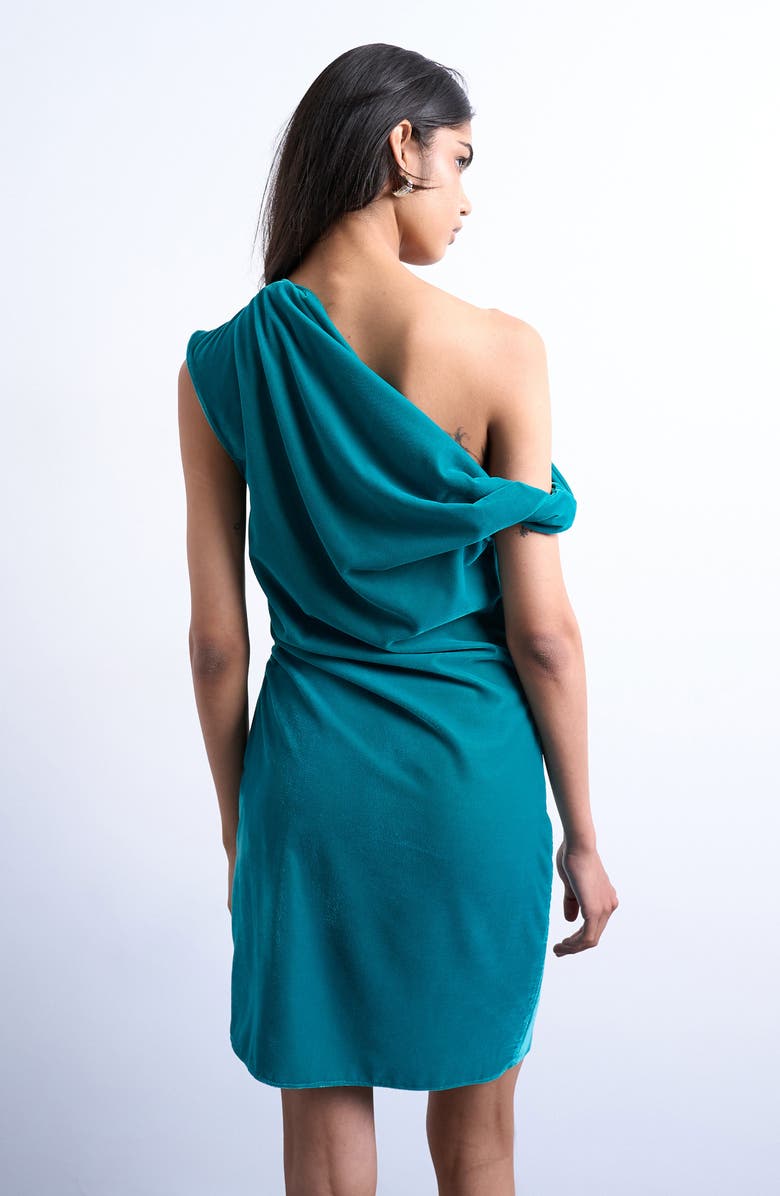 Topshop Twist One-Shoulder Velvet Minidress, Alternate, color, Teal