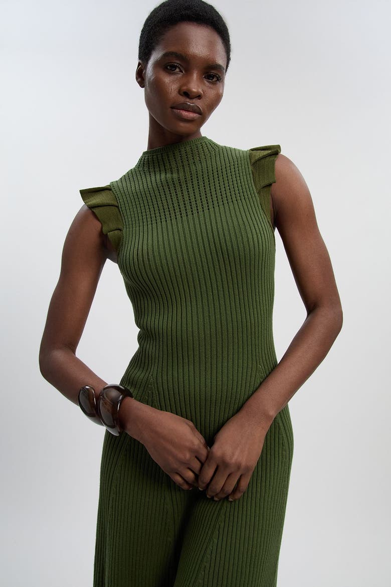 Pointelle Frill Sleeve Knit Midi Dress, Alternate, color, Olive