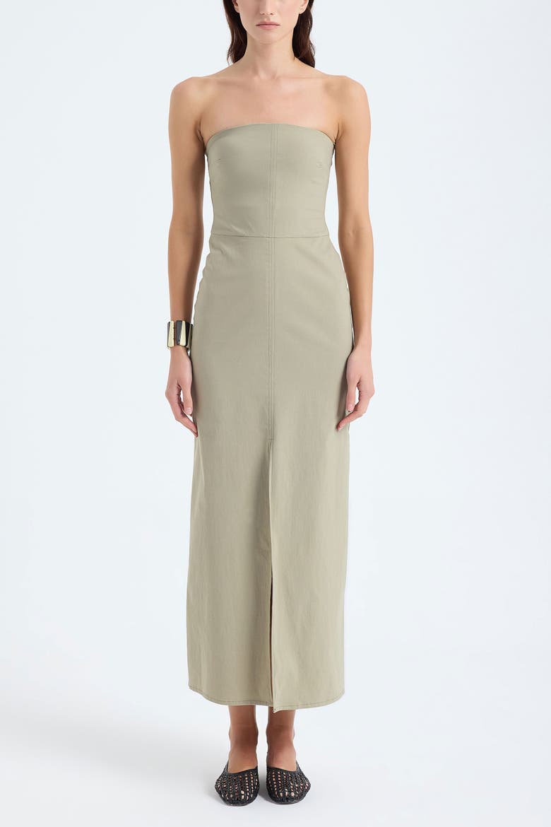 Akasha Strapless Cotton Blend Midi Dress with Front Slit, Main, color, Dusty Olive