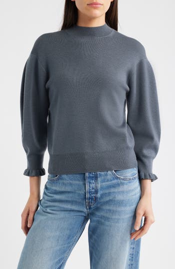 Madewell Ruffle Mockneck Merino Wool Blend Sweater In Gray
