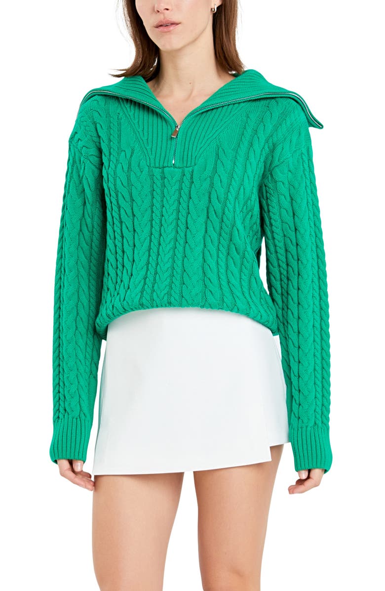 English Factory Quarter Zip Cable Knit Cotton Sweater, Alternate, color, Green