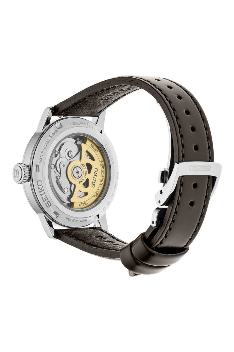 Presage Cocktail Time Automatic Leather Strap Watch, 38.5mm, Alternate, color, BROWN