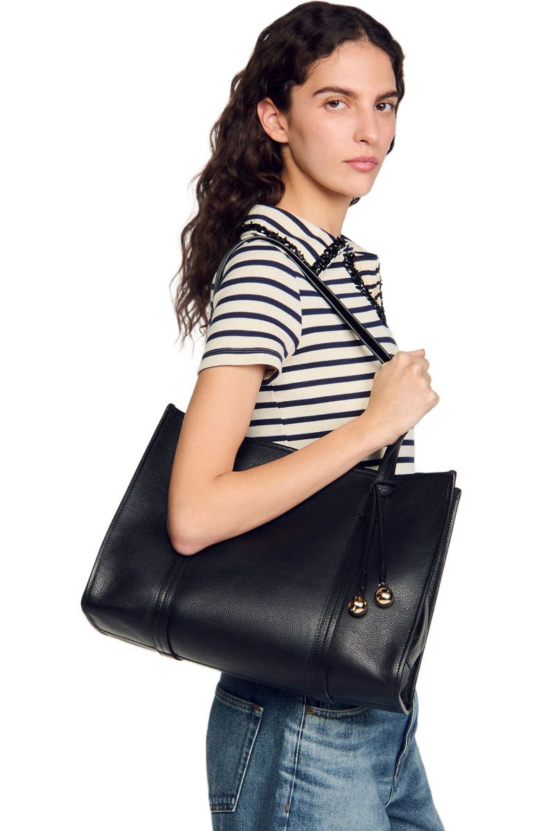 SANDRO Soft leather tote bag, Alternate, color, Black