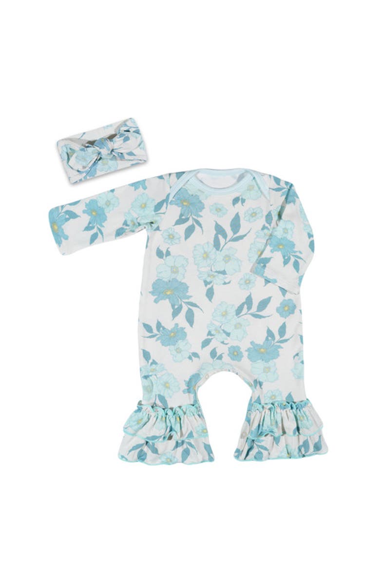 Everly Grey Ruffle Romper & Head Wrap Set, Main, color, Periwinkle