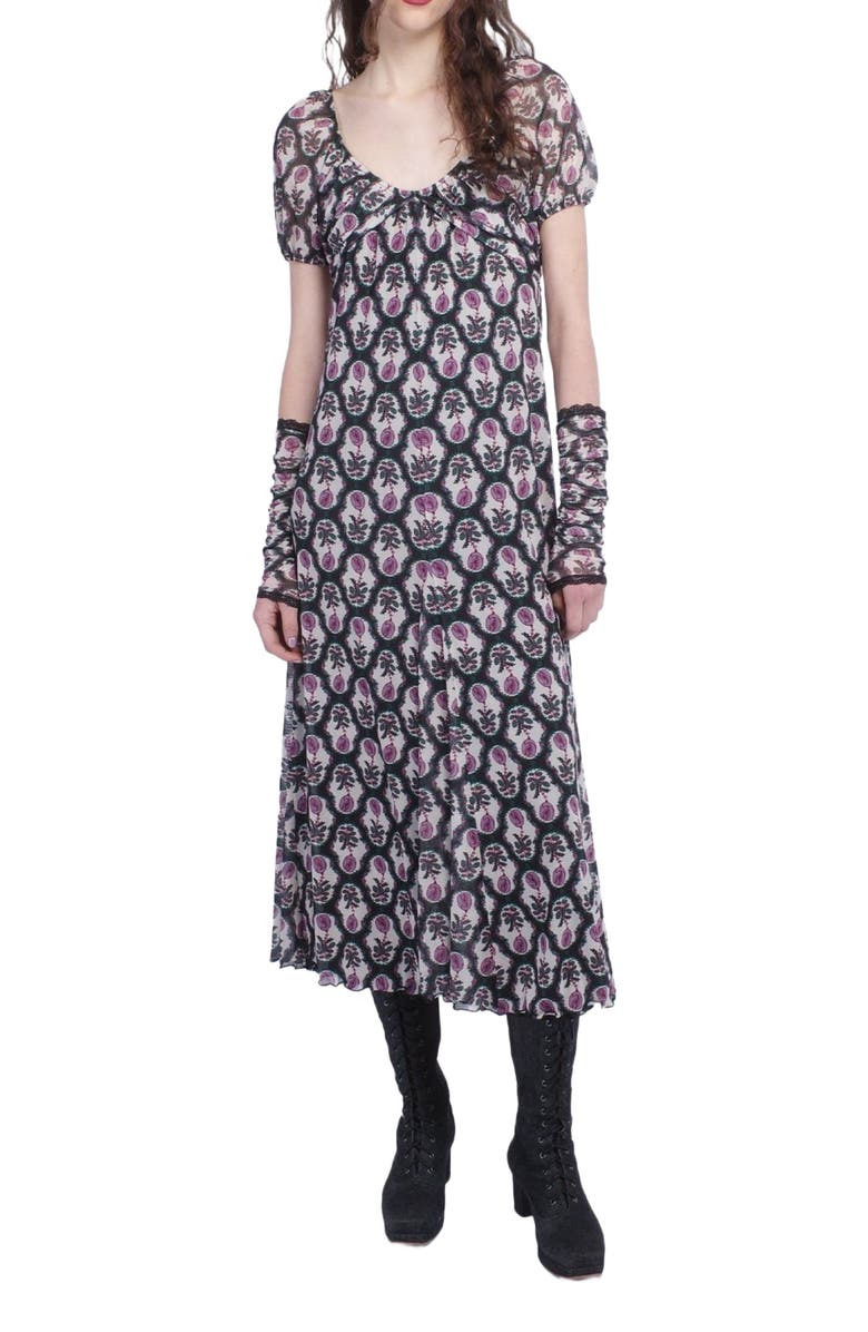 Anna Sui Sleeping Beauty Mesh Bow Dress, Main, color, Black/Lilac Multi