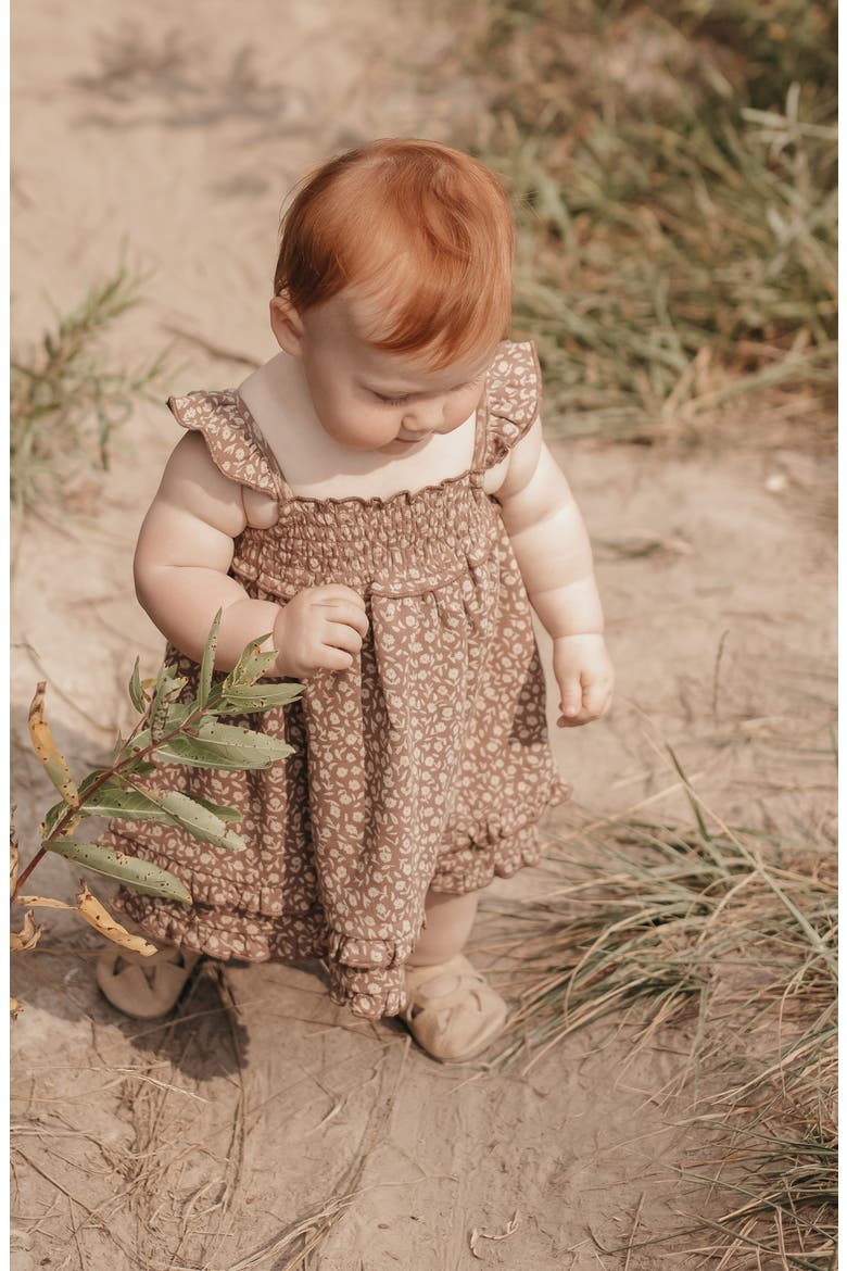 Smocked Organic Cotton Dress, Alternate, color, LATTE FLORAL