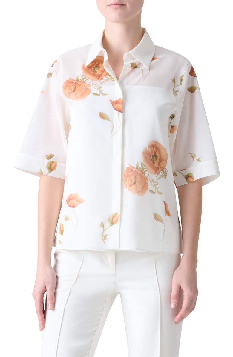 Akris Poppy Print Short Sleeve Button-Up Shirt, Main, color, Ecru Terra