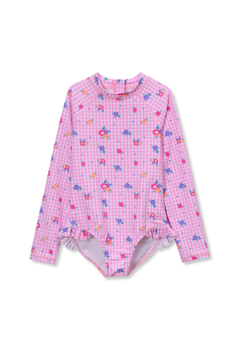 Girls Chlorine Resistant Long Sleeve Ruffle One Piece Swimsuit, Main, color, Pink Gingham Floral