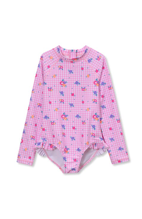 Girls Chlorine Resistant Long Sleeve Ruffle One Piece Swimsuit