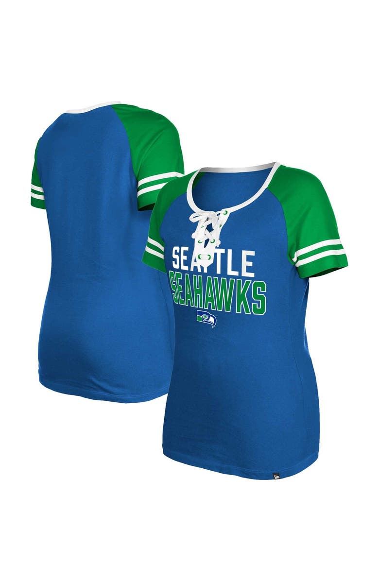 New Era Women's New Era  Royal Seattle Seahawks Throwback Raglan Lace-Up T-Shirt, Main, color, 
