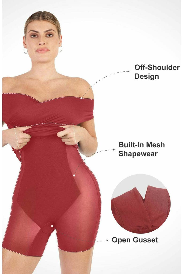 Shapewear Ruched Off-Shoulder Sculpting Midi Dress, Alternate, color, Maroon